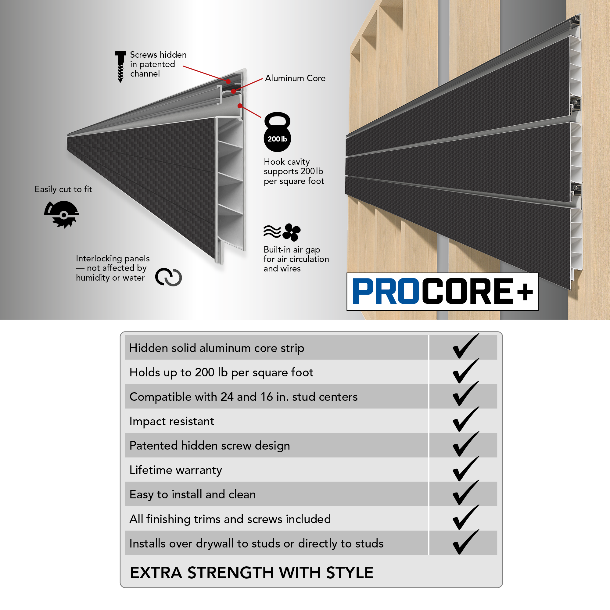 Proslat 8 ft. x 4 ft. PROCORE+ Carbon Fiber PVC Slatwall - 3