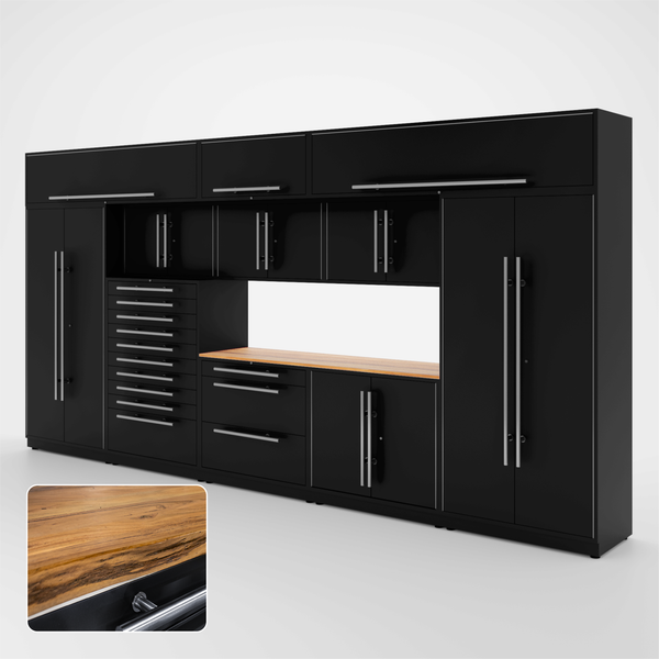 Proslat Lux Cabinets Black 12 Piece Set with Live Edge Wood Worktop ...