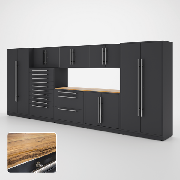 Proslat Lux Cabinets Gray 9 Piece Set with Live Edge Wood Worktop ...