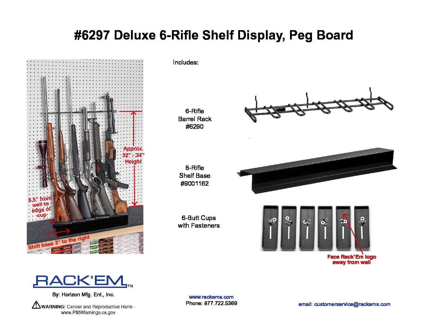 2' 6-Rifle, Slat Wall / Peg Board Rifle Deluxe Shelf Display. (SKU 6297)