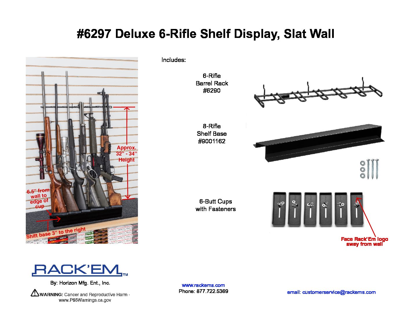 2' 6-Rifle, Slat Wall / Peg Board Rifle Deluxe Shelf Display. (SKU 6297)