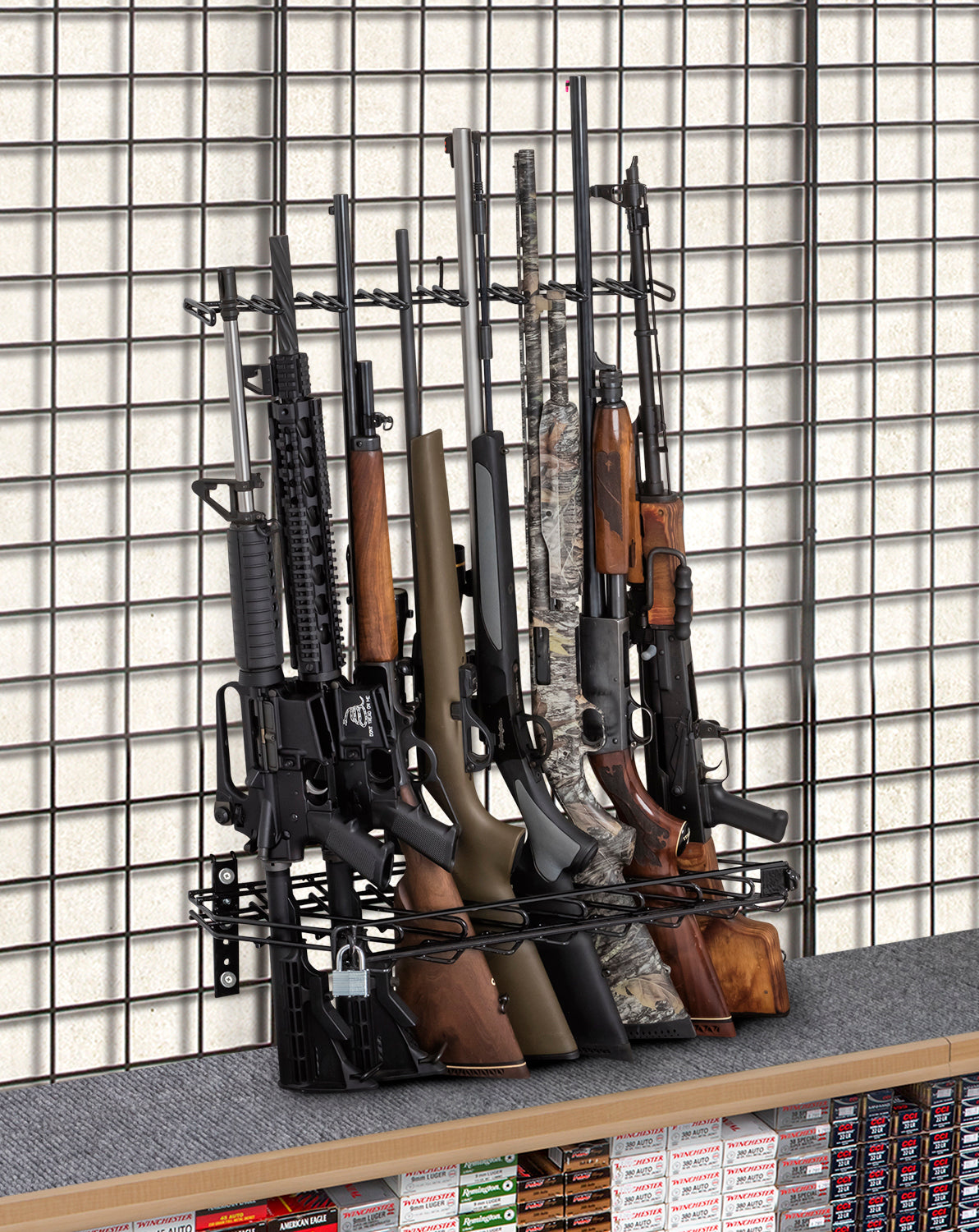 Rackem - 2’ 8-Rifle Locking Shelf Display - Grid Wall