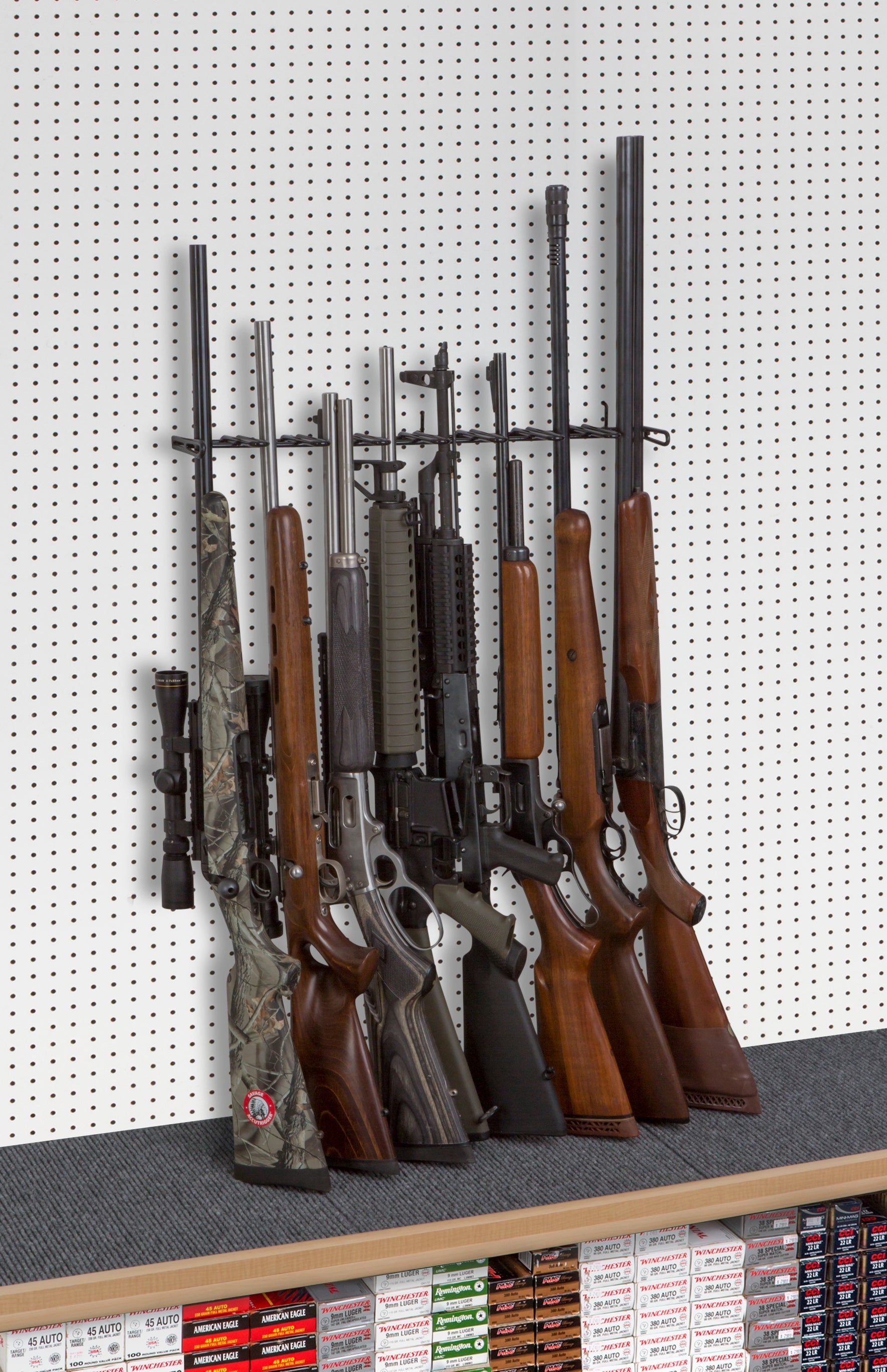 Rackem - 2’ 8-Rifle Shelf Display – Slat Wall / Peg Board