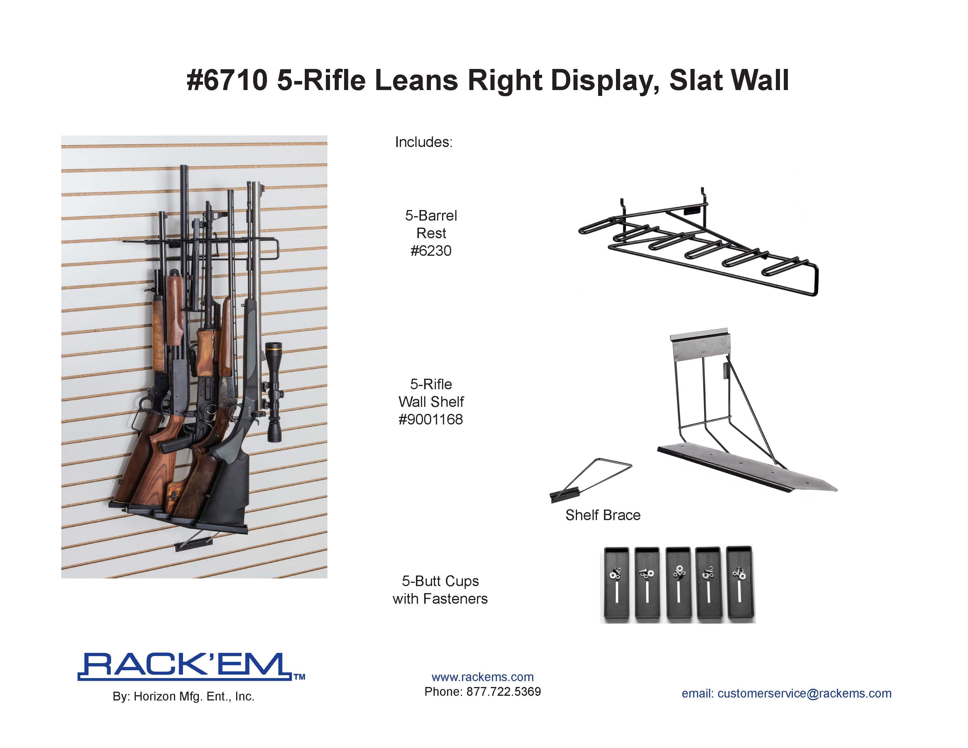 5-Rifle Leans Right Display, Slat Wall, Max Capacity 5 Rifles/ft. (Racks angle out 45 Deg. from wall) (SKU: 6710)