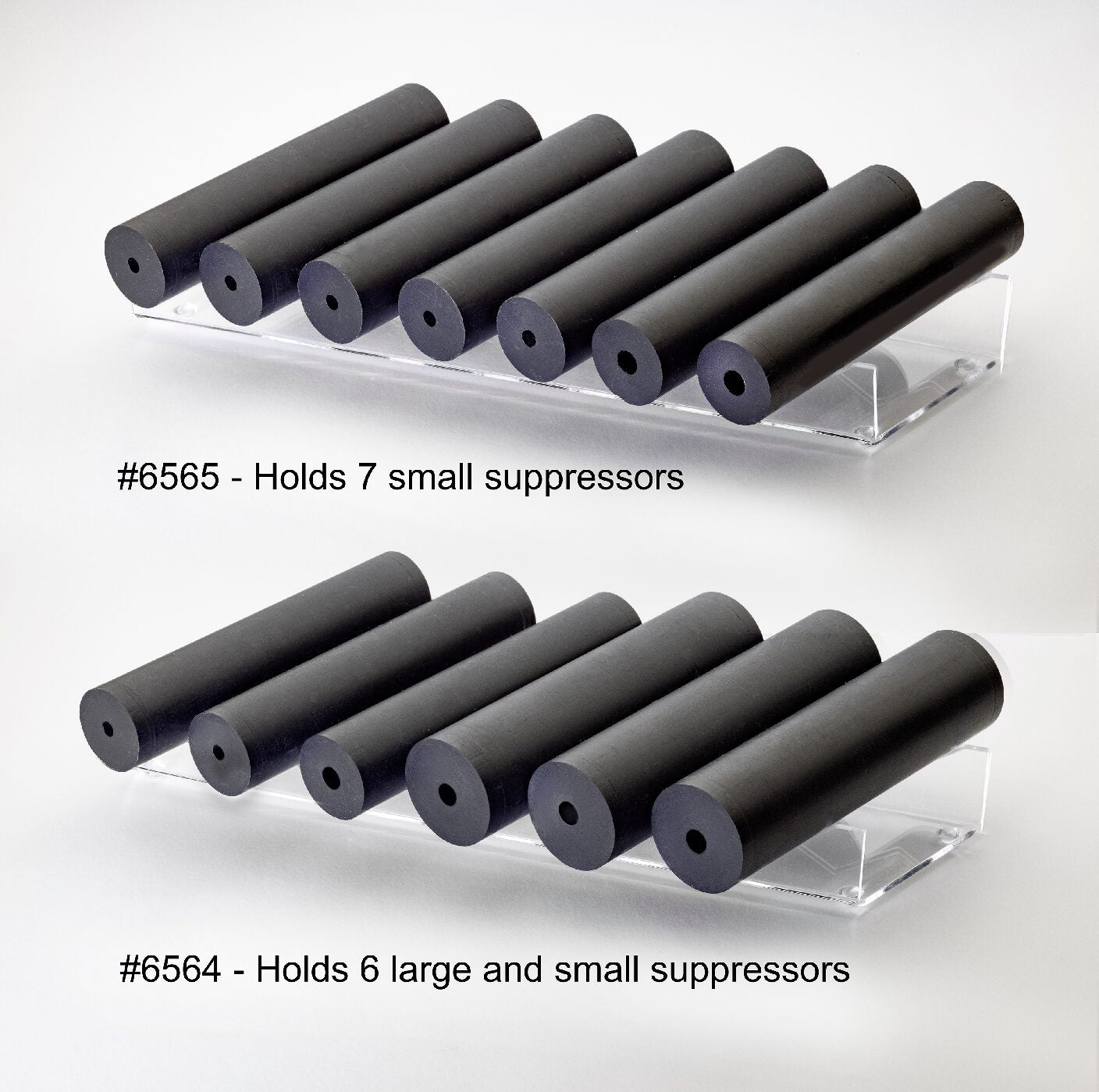 6 Suppressor Side-By-Side Clear Acrylic Display, For up to 1.5" Dia., 13"W x 3"D x 1.5"H (SKU: 6564)