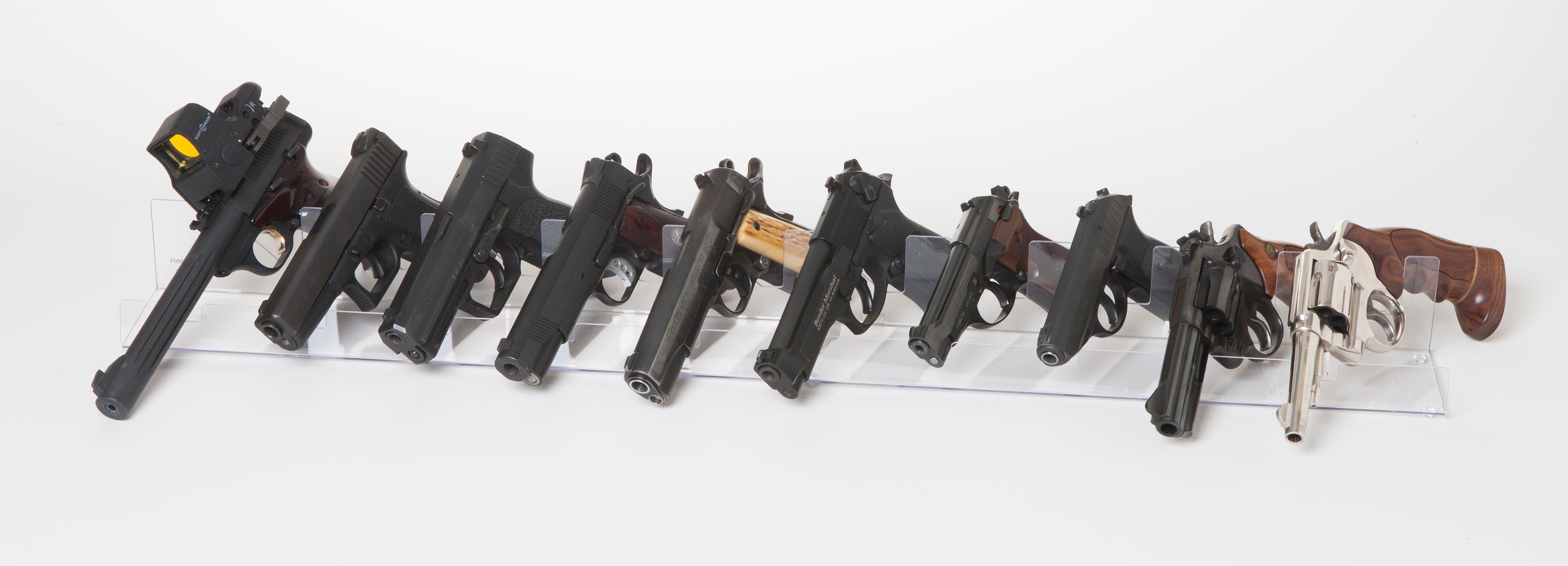 "Angled" Std. 10 Pistol Medium Density Clear Pistol Display, 34.2 " long (SKU: 6752)