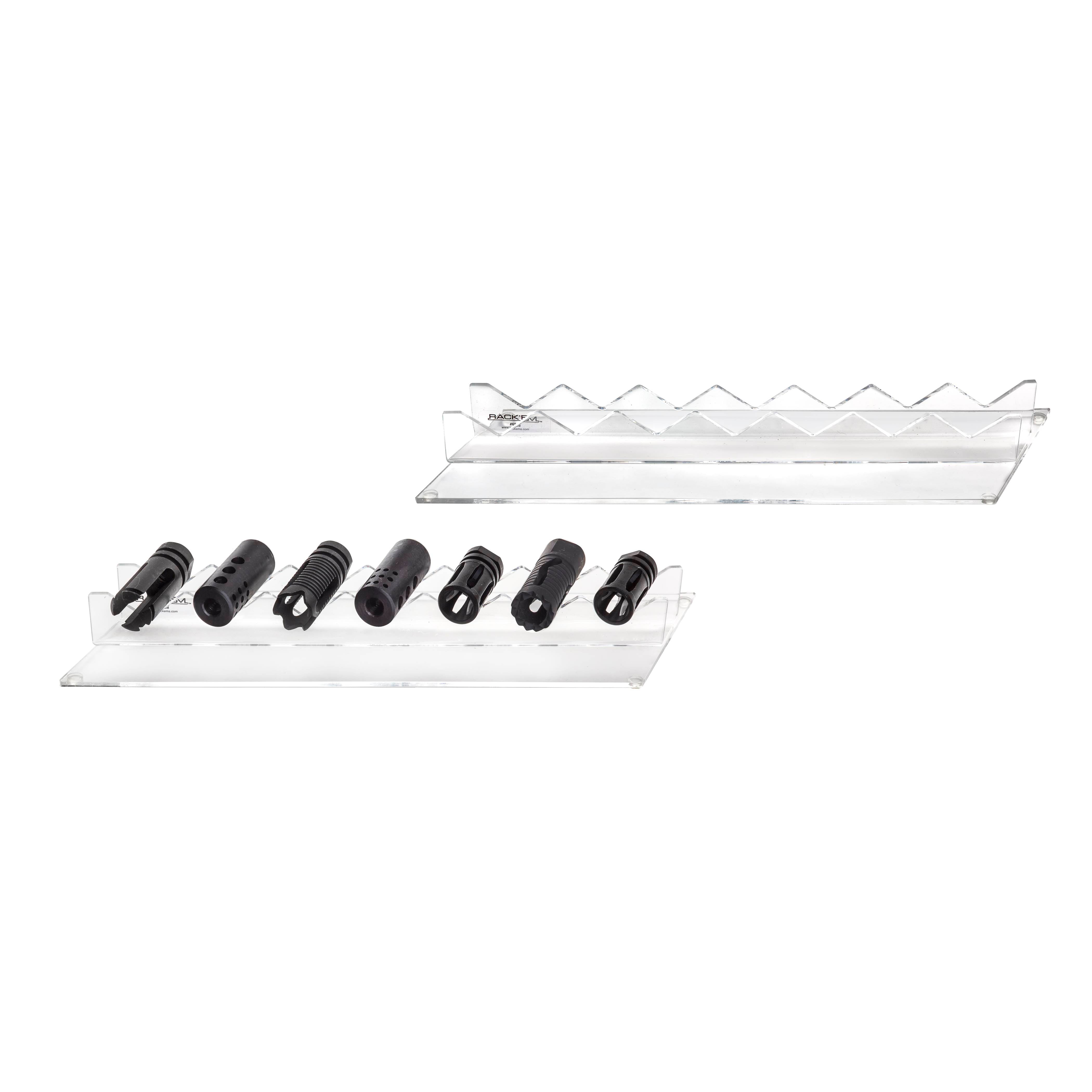 7 Flash Hider / Muzzle Brake Side-By-Side Acrylic Display 13"W x 3.5"D x 1.5"H (SKU: 6568)
