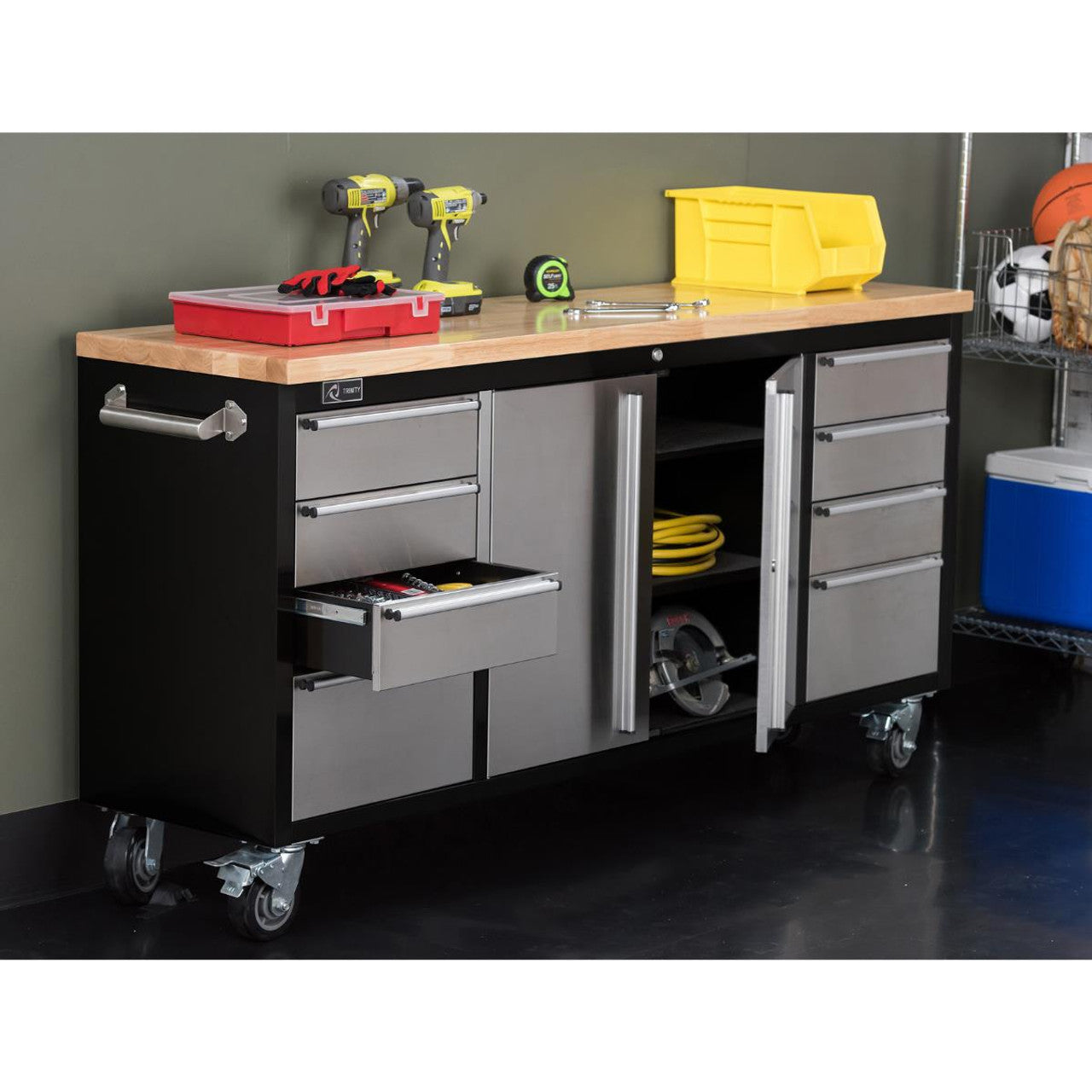 Trinity 72 in. Black Rolling Workbench with Stainless Steel