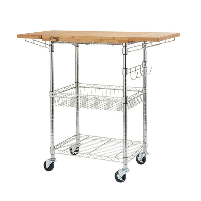 Trinity PRO EcoStorage® Expandable Bamboo Top Kitchen Cart Chrome