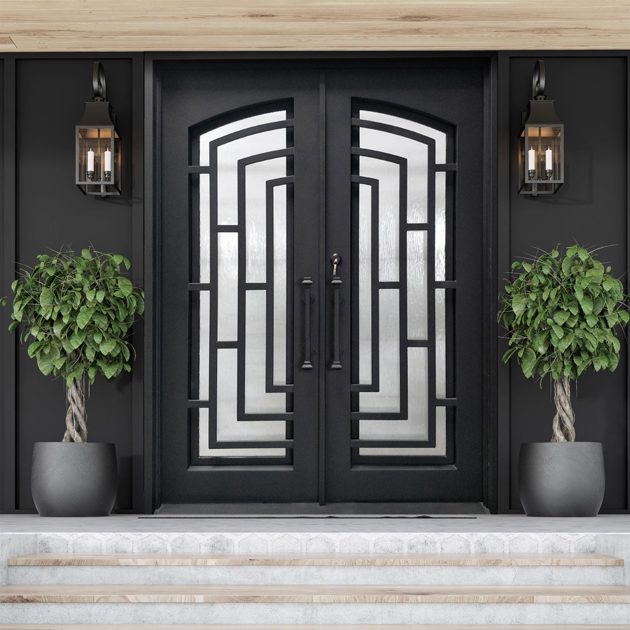 Aleko Doors Iron Square Top Modern Dual Door with Frame and Threshold - 96 x 72 x 6 Inches - Matte Black