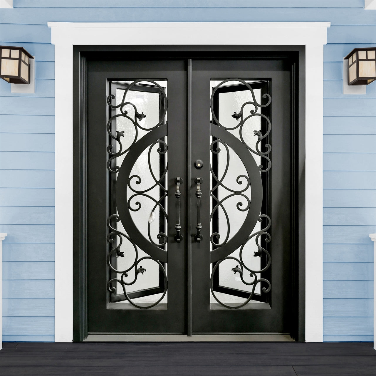 Aleko Doors Iron Vine and Curve Dual Door with Square Top Frame and Threshold - 81 x 62 x 6 Inches - Matte Black