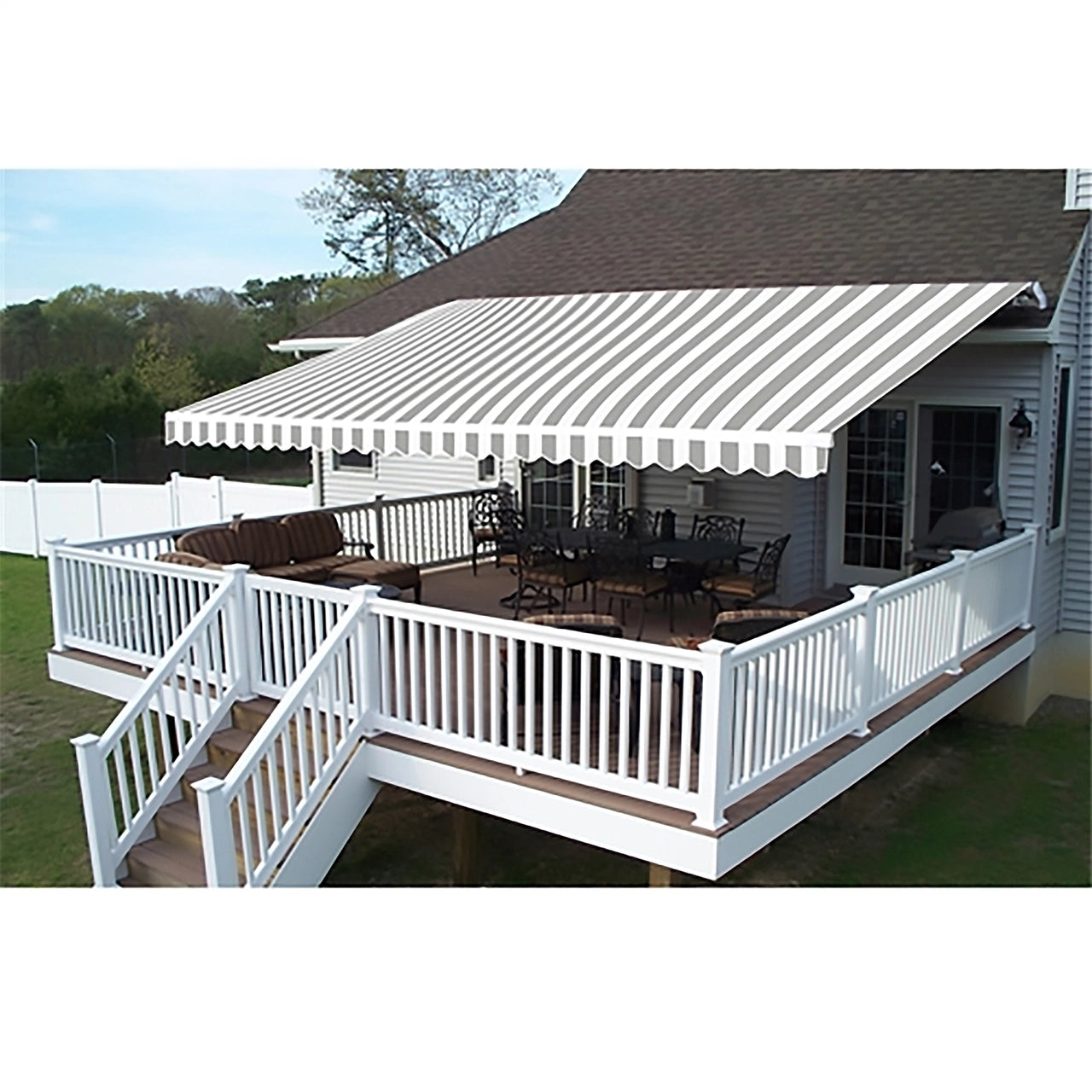 Aleko Motorized Retractable White Frame Patio Awning - 10 x 8 Feet - Gray and White Striped