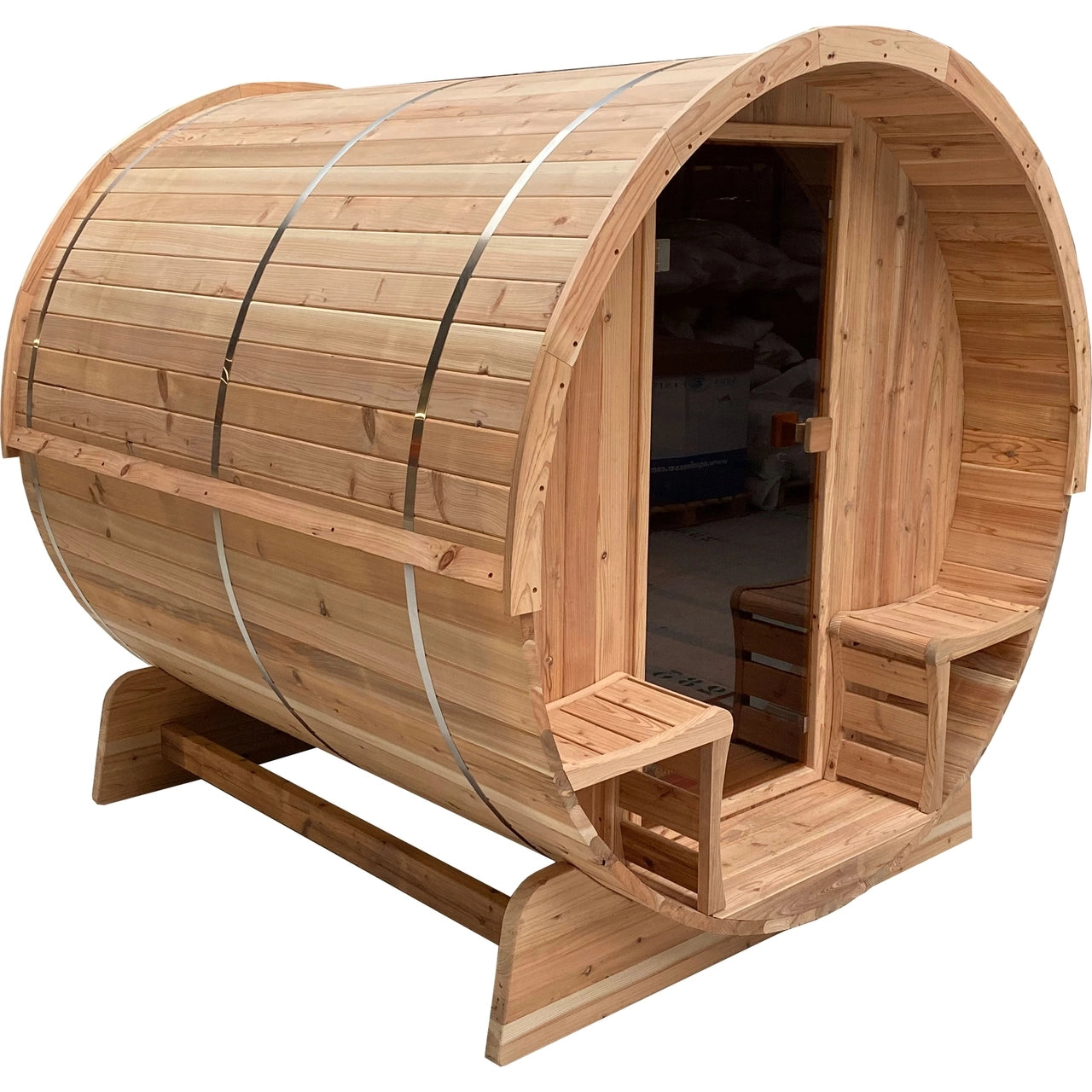Aleko Outdoor Rustic Cedar Barrel Steam Sauna - Front Porch