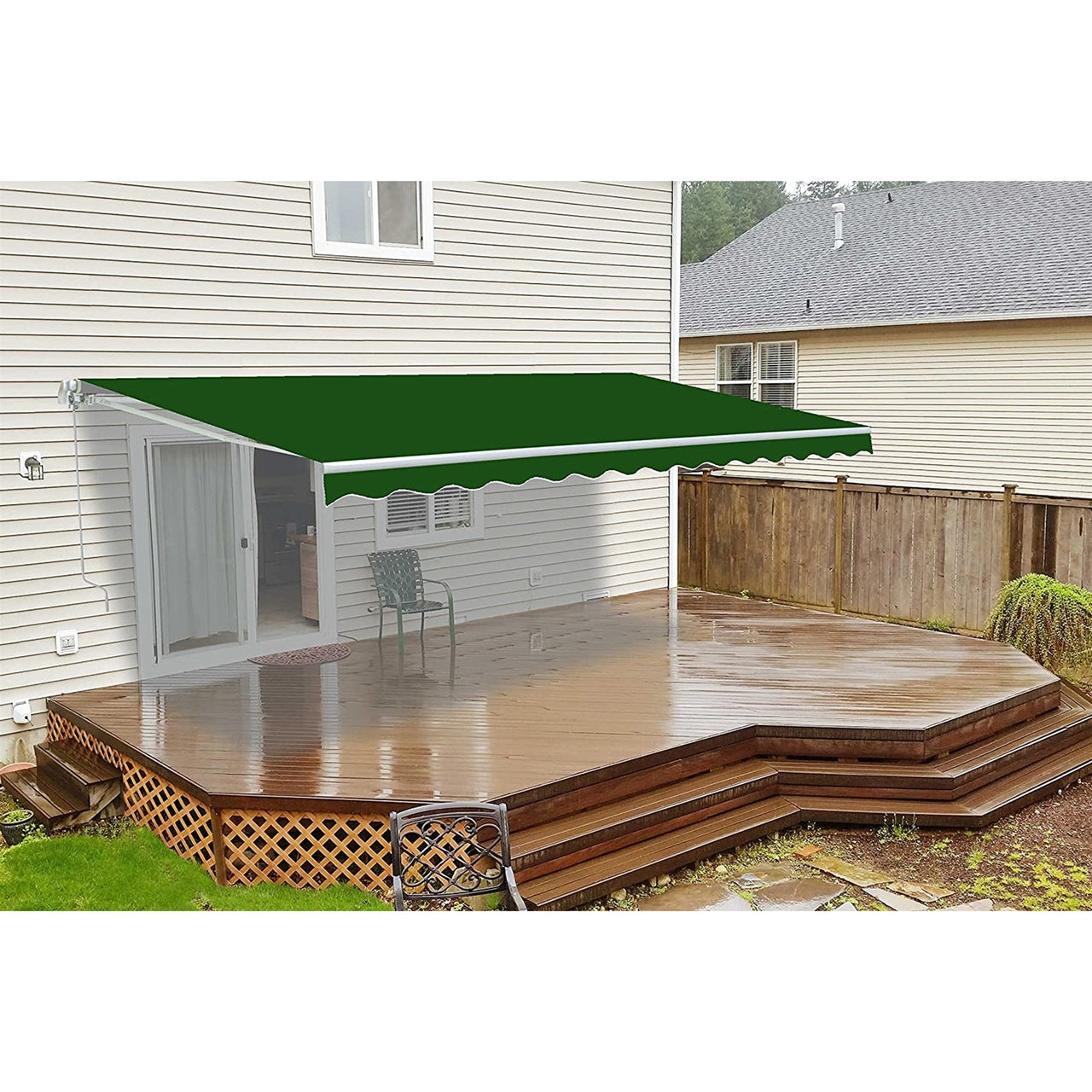 Aleko Retractable White Frame Patio Awning - 12 x 10 Feet - Green