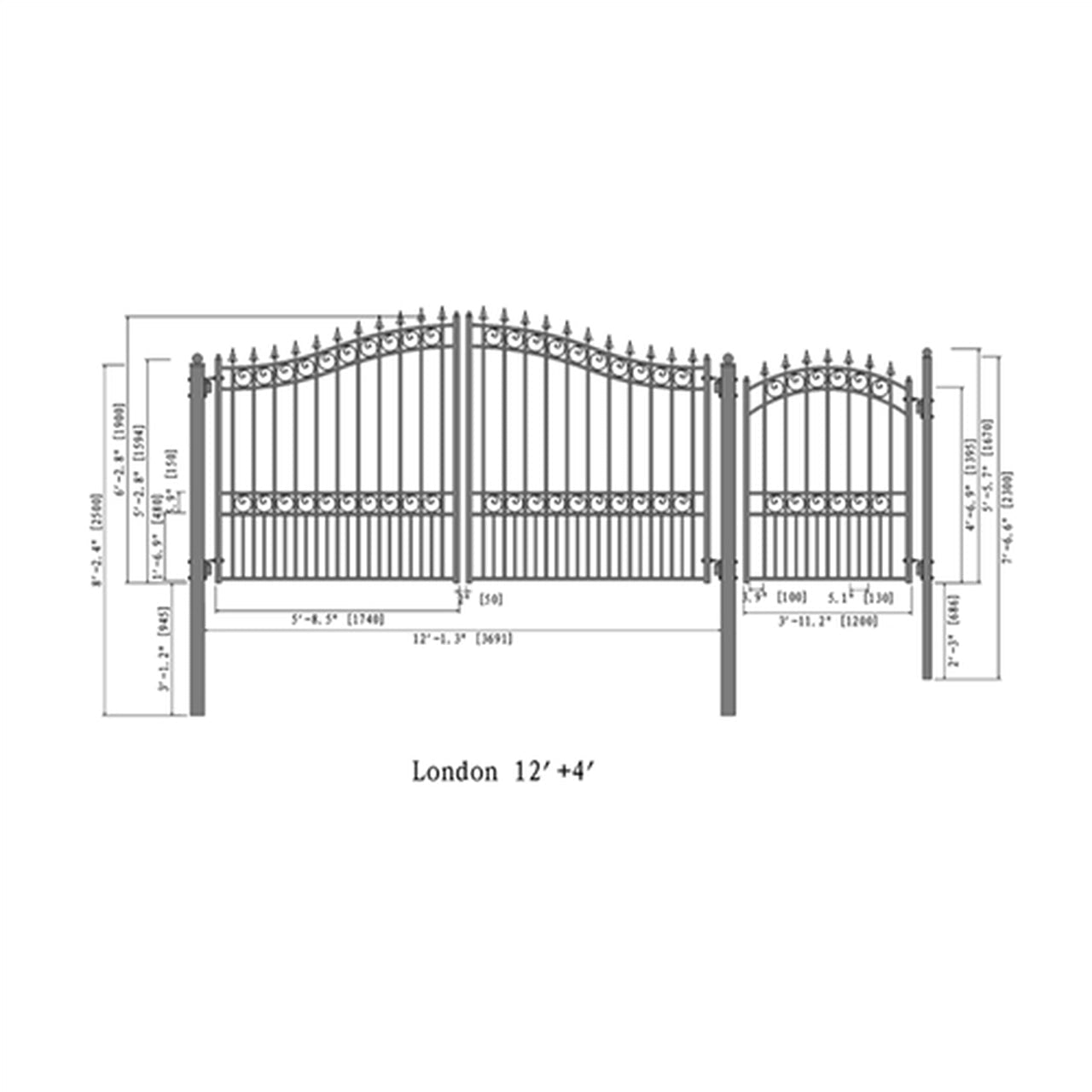 Aleko Steel Dual Swing Driveway Gate - LONDON Style - 12 ft with Pedestrian Gate - 5 ft