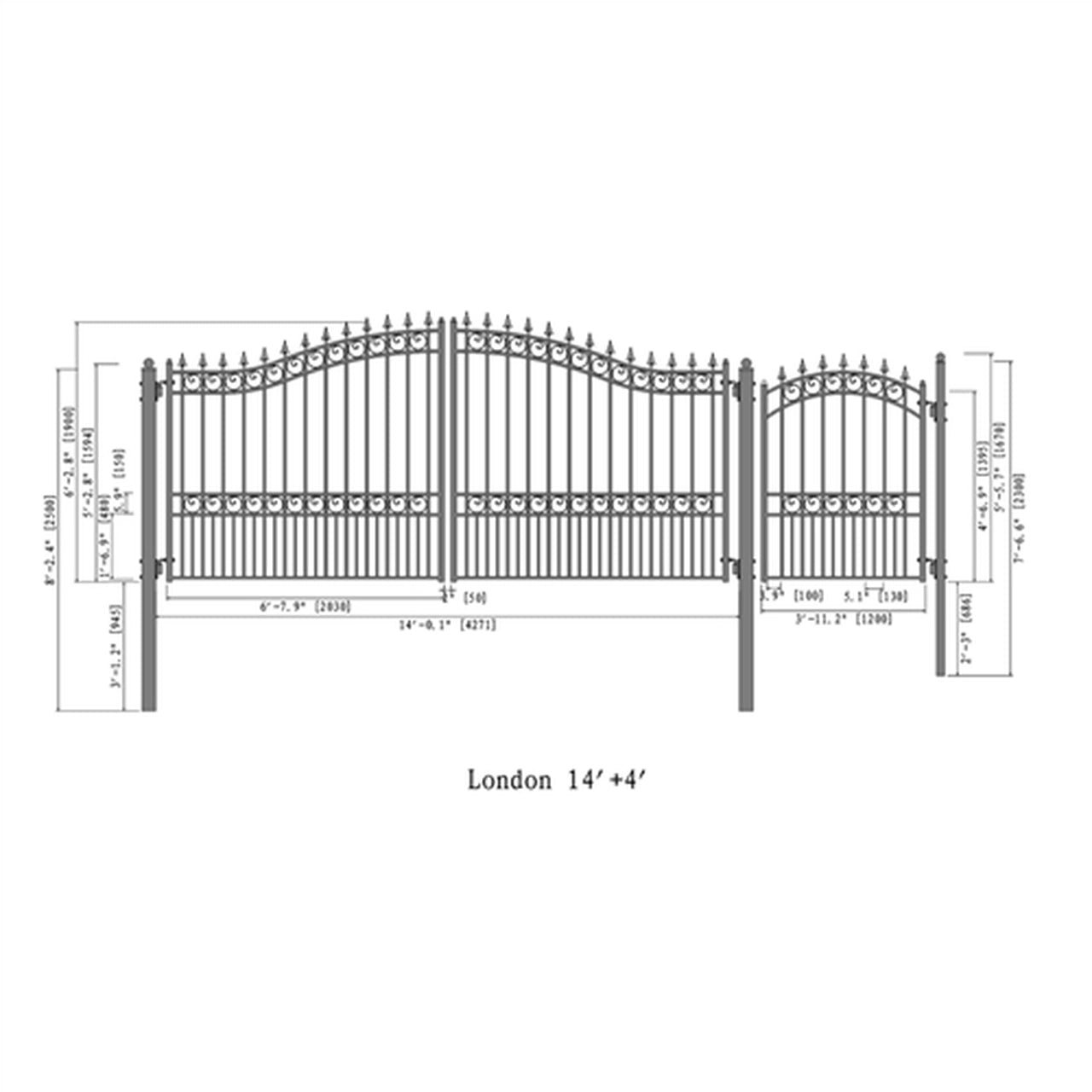 Aleko Steel Dual Swing Driveway Gate - LONDON Style - 14 ft with Pedestrian Gate - 5 ft