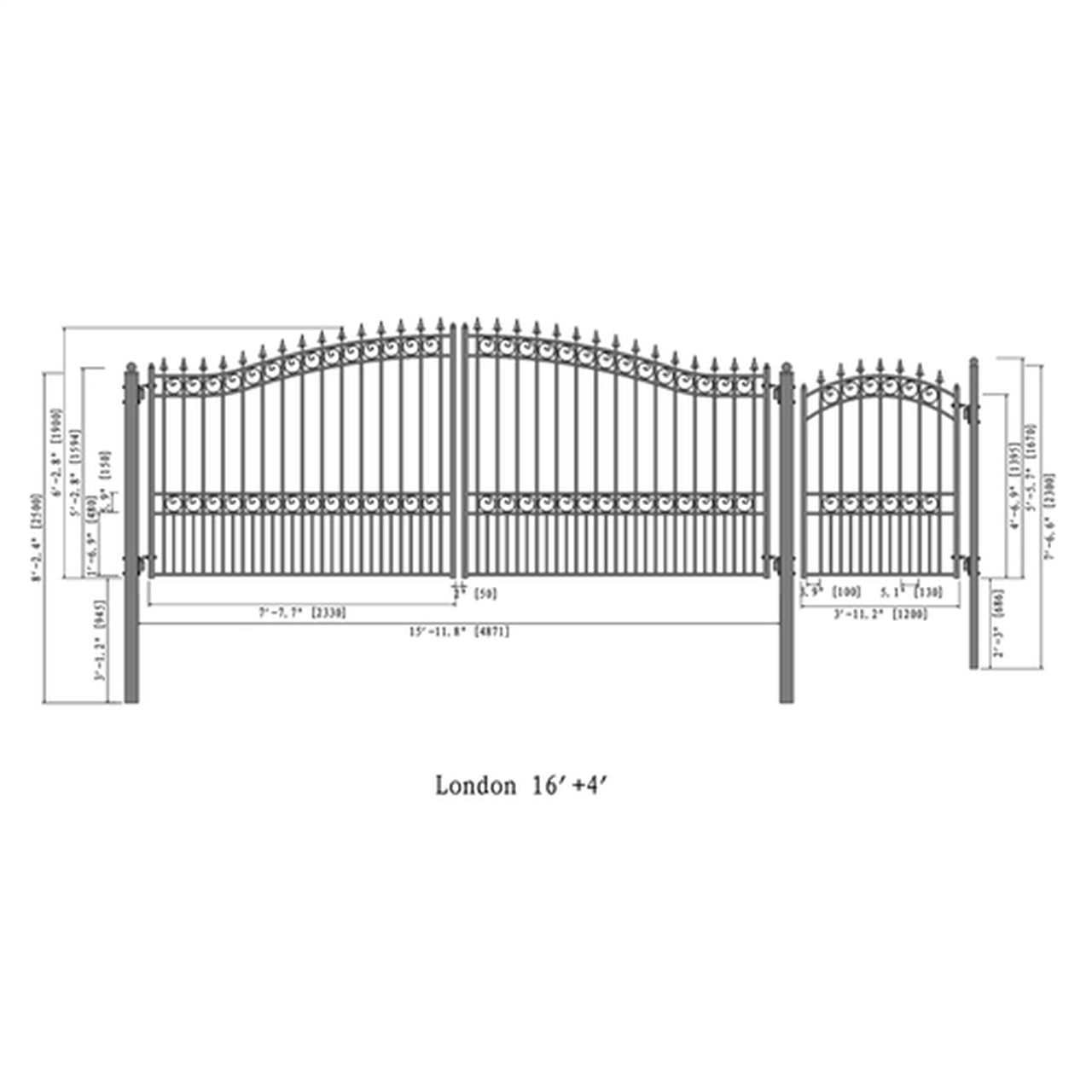 Aleko Steel Dual Swing Driveway Gate - LONDON Style - 16 ft with Pedestrian Gate - 5 ft