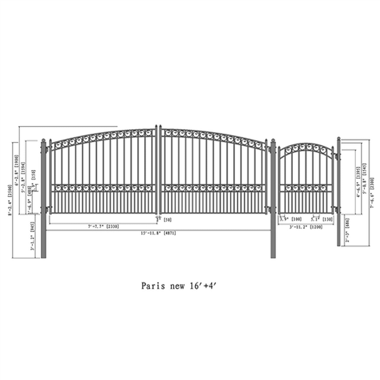 Aleko Steel Dual Swing Driveway Gate - PARIS Style - 16 ft with Pedestrian Gate - 5 ft