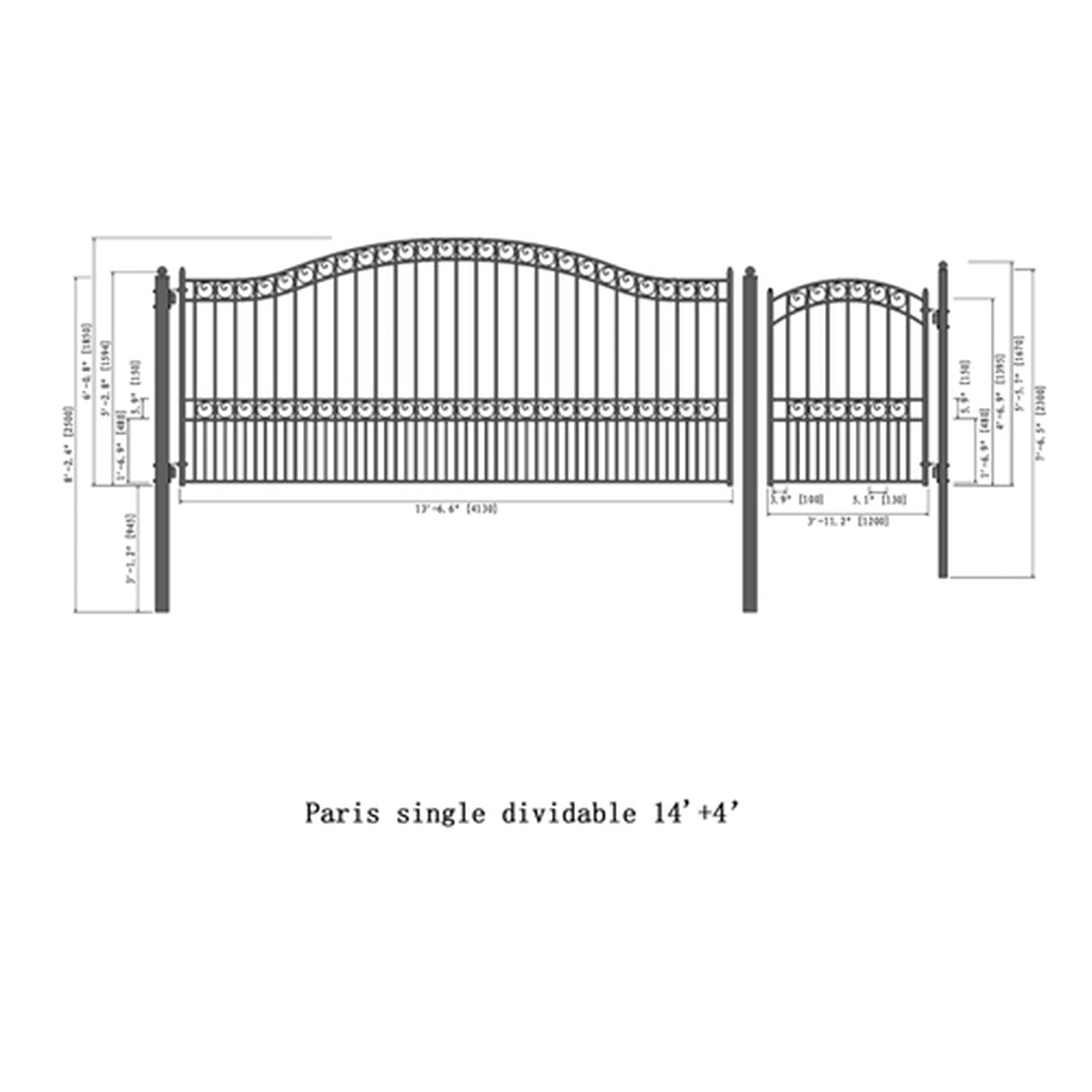 Aleko Steel Single Swing Driveway Gate - PARIS Style - 14 ft with Pedestrian Gate - 5 ft