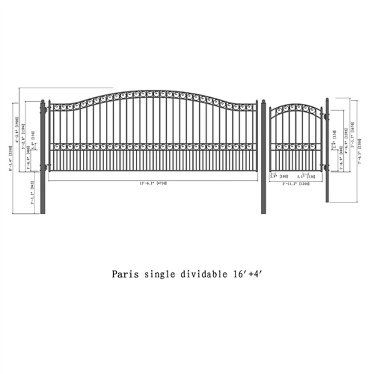 Aleko Steel Single Swing Driveway Gate - PARIS Style - 16 ft with Pedestrian Gate - 5 ft