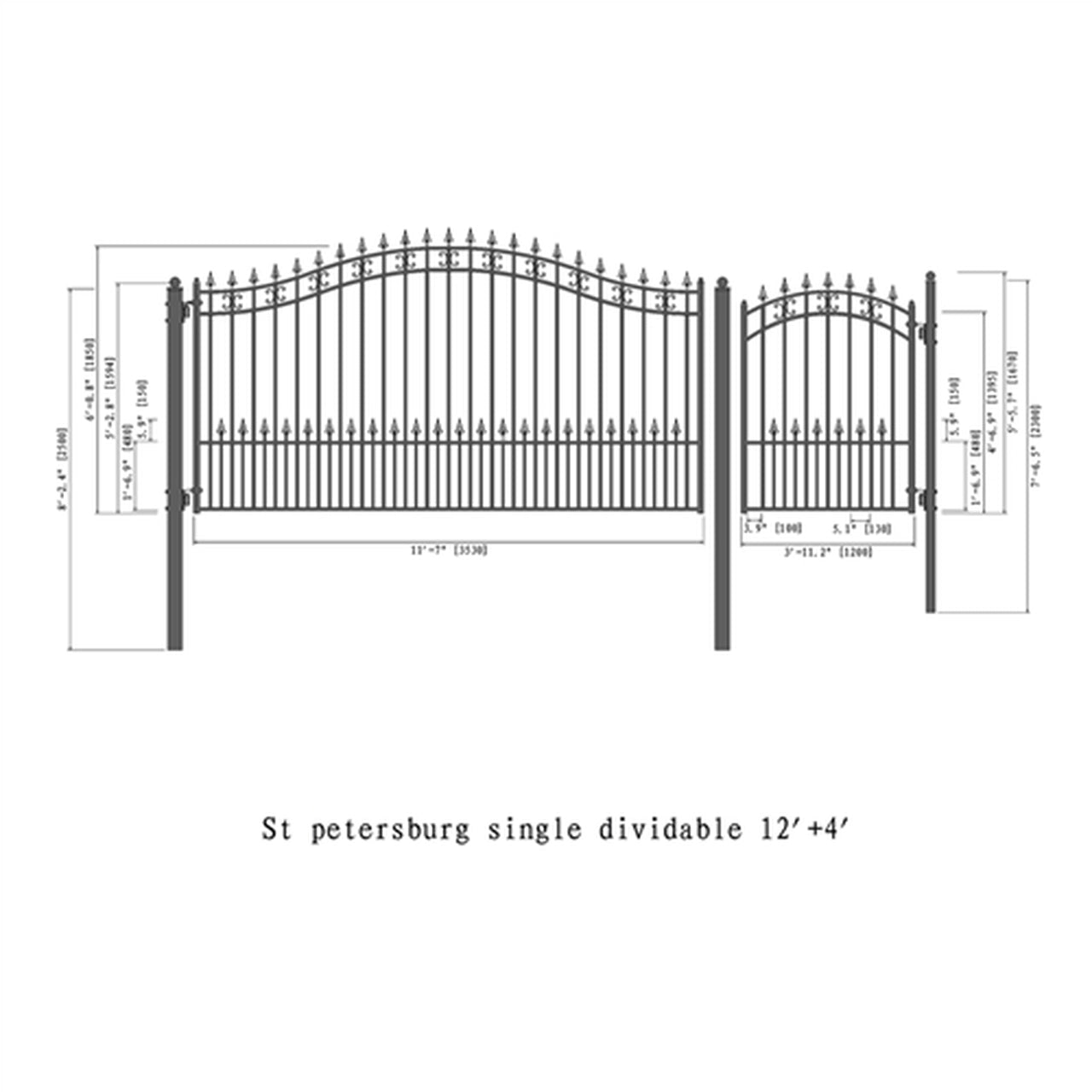 Aleko Steel Single Swing Driveway Gate - ST.PETERSBURG Style - 12 ft with Pedestrian Gate - 5 ft