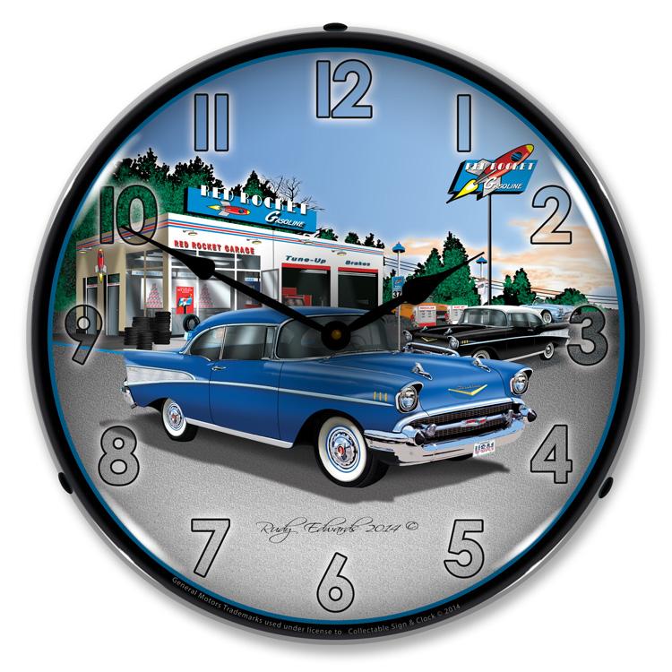 Collectable Sign and Clock - 1957 Bel Air Rocket Gas Clock