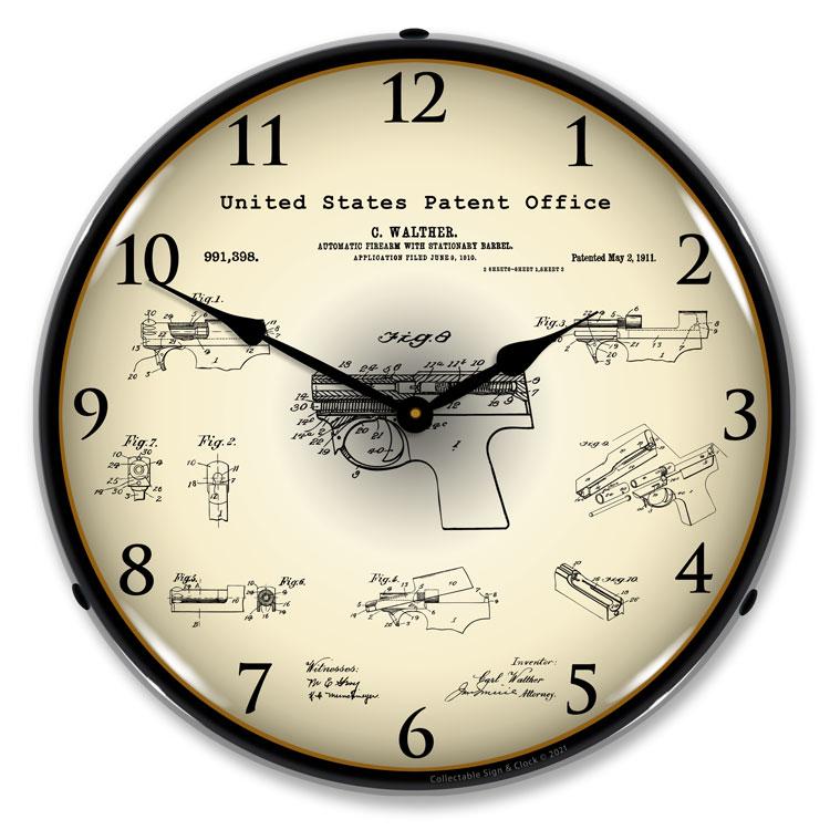 Collectable Sign and Clock - Walther PPK Firearm 1911  Patent Clock